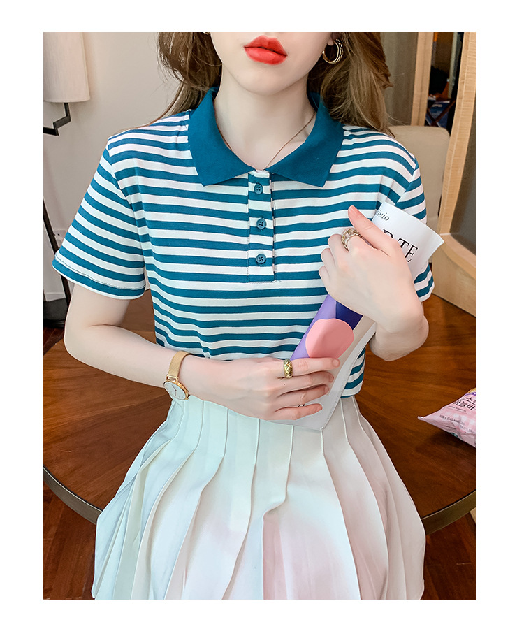 Verano coreano versión rayas mujer commuter patchwork color polo cuello manga corta camiseta mujer diseño sentido moda legging pic 19