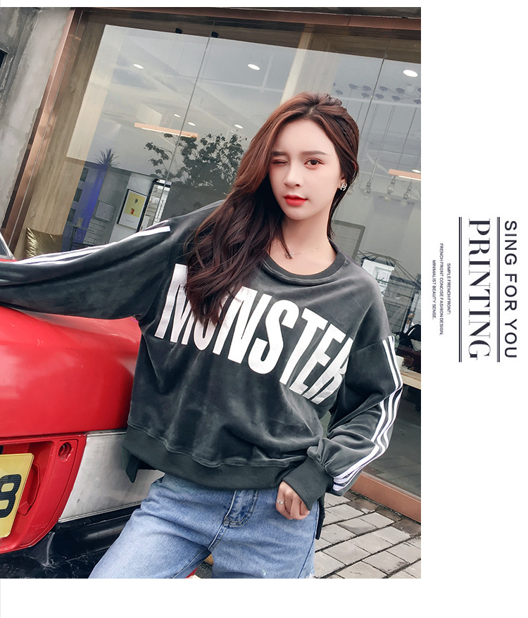 Velvet loose Korean-style hoodie for women, long-sleeved, lettered, laid-back style bf Harajuku jacket top pic 12