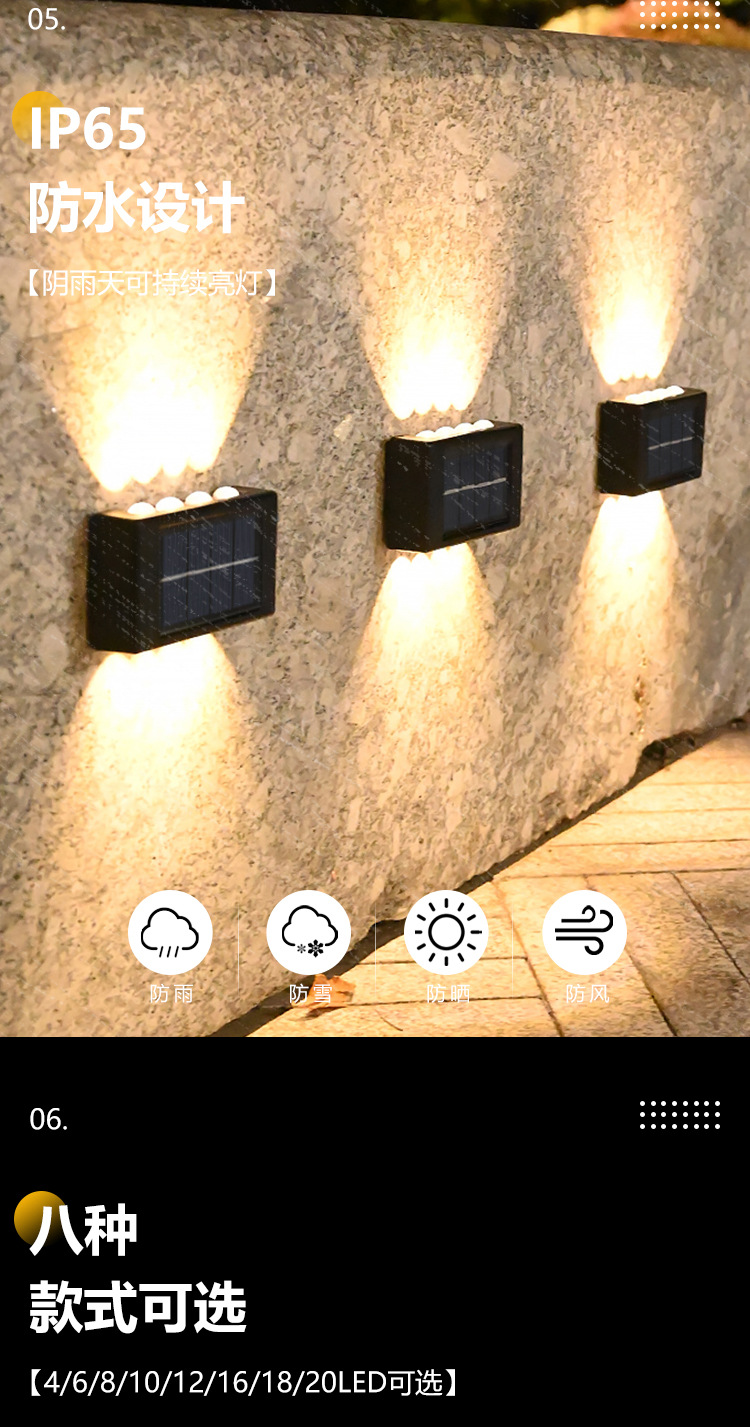 Solar outdoor garden lamp, household wall lamp, decorative arrangement, fence washing, new style of top and bottom luminous atmosphere wall lamp pic 23