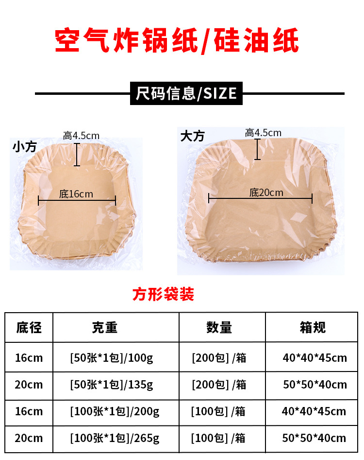 方形空气炸锅专用纸加厚食品级硅油纸烤箱烧烤空气炸锅纸盘隔油纸详情1