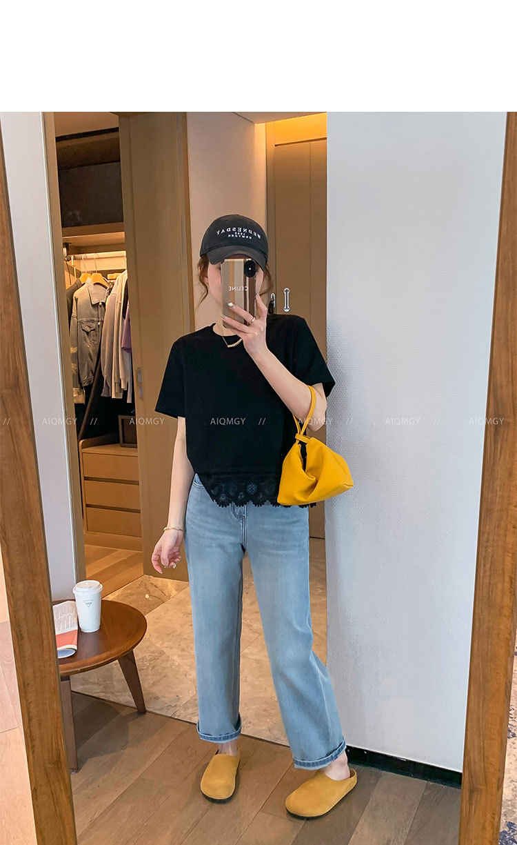 A new loose top for women in the summer of 2025, featuring a white round-neck short-sleeved lace trim patchwork T-shirt pic 12