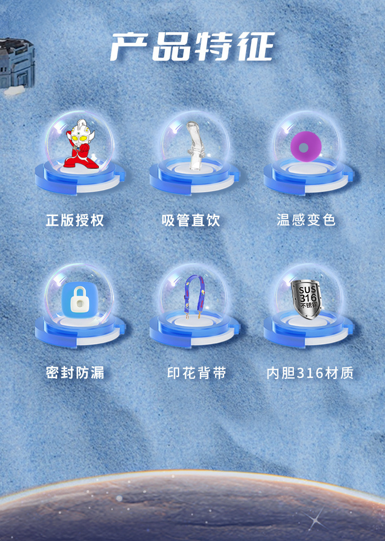 新款316儿童卡通奥特曼水壶斜挎背带吸管杯男女学生高颜值水杯子详情2