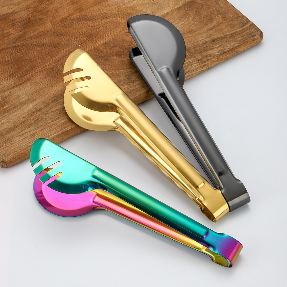 Amazon Public Services stainless steel food tongs, mirror-polished gold-plated black steak tongs, semi-round bread tongs pic 7