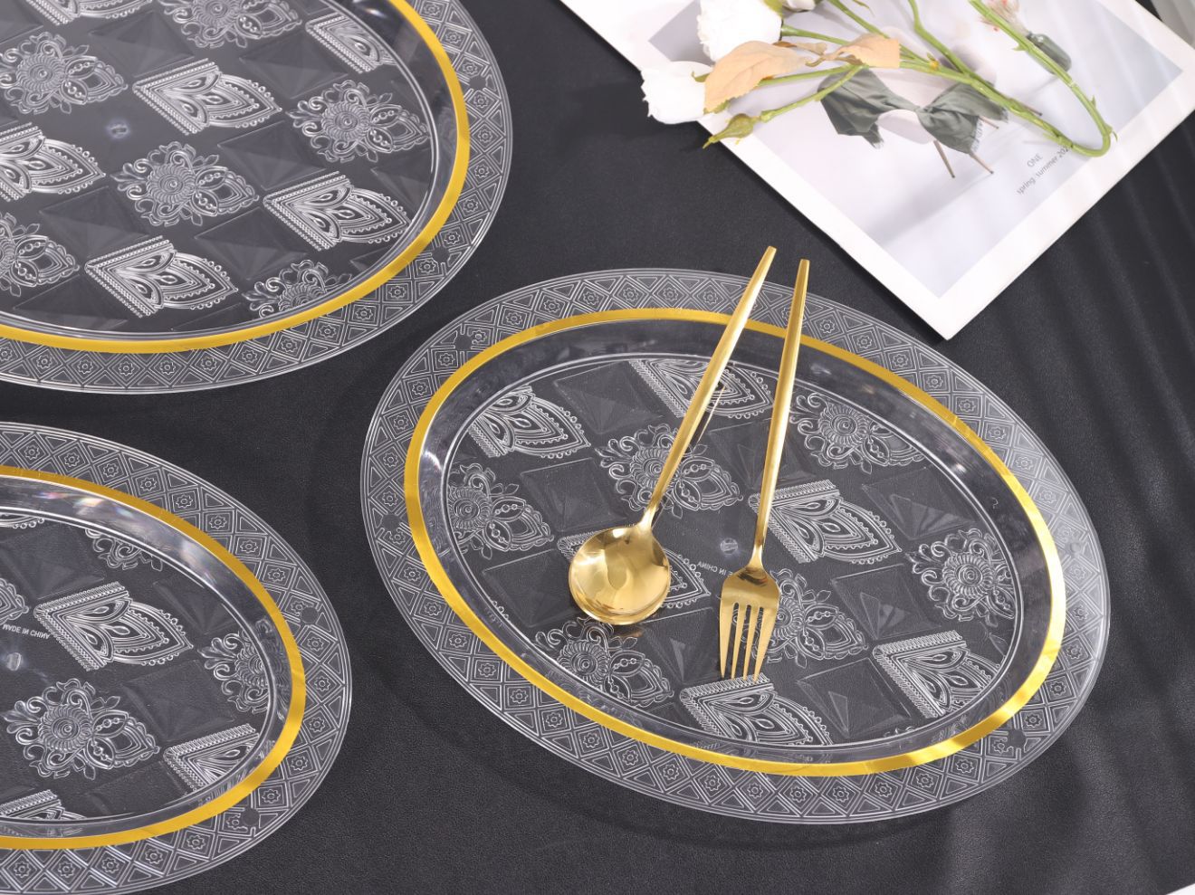 Amber transparent tray, round dining tea tray, coffee table, cups, tea cups and water cups, home living room dinner plate set pic 6