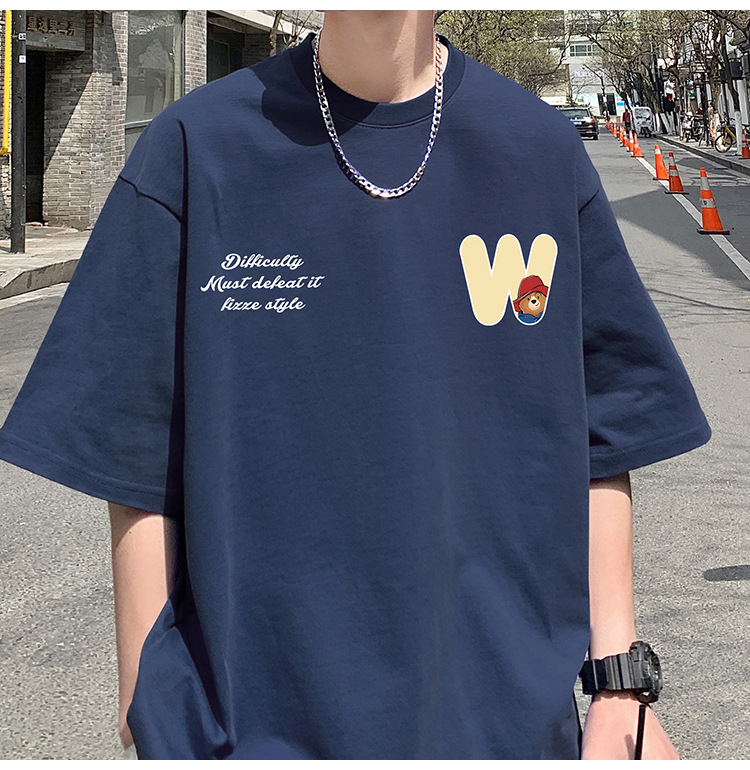Camiseta de manga corta de estilo americano de algodón pesado hombre verano 2024 nuevo oso estampado estado de moda puerto estilo chico camiseta pic 13