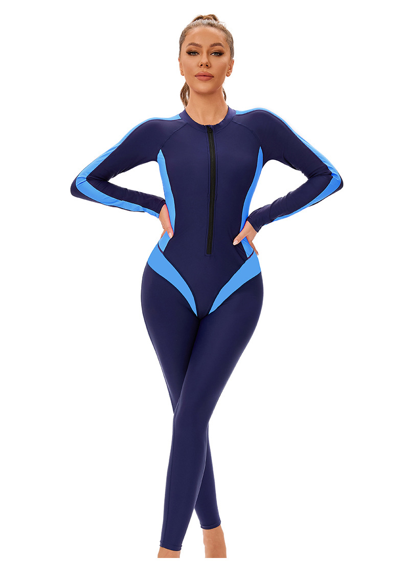 New color-block one-piece Muslim swimsuit for women, cross-border long-sleeved and long-sleeved trousers, conservative full-body zip-up swimsuit pic 13
