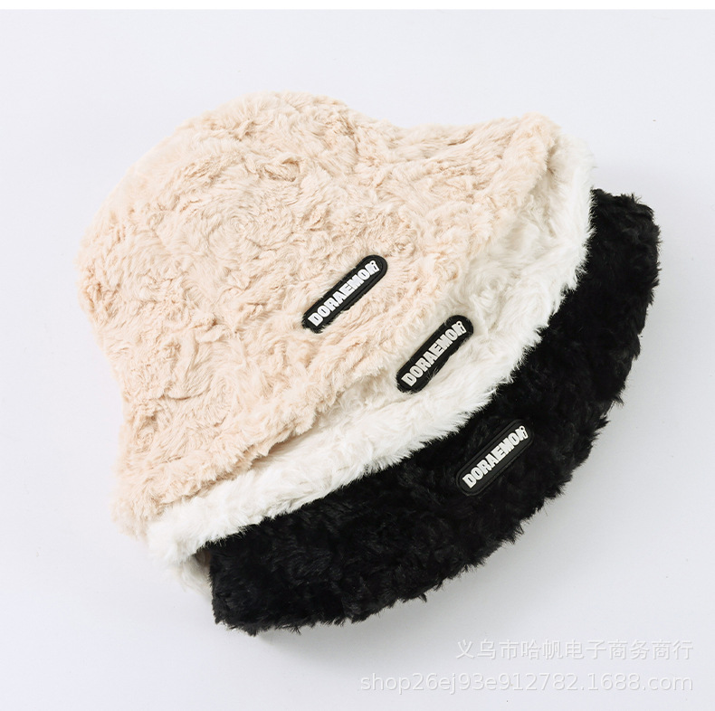 秋冬款仿兔毛黑标字母渔夫帽女水桶帽潮流款时尚百搭毛绒保暖盆帽详情6