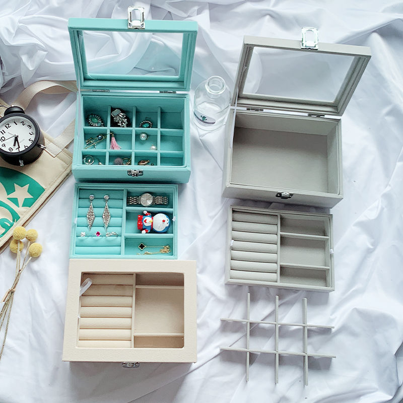 Jinqi 9-grid flocking jewelry storage, transparent cover, jewelry display tray, necklace, stud earrings, ring accessories, wooden box pic 17