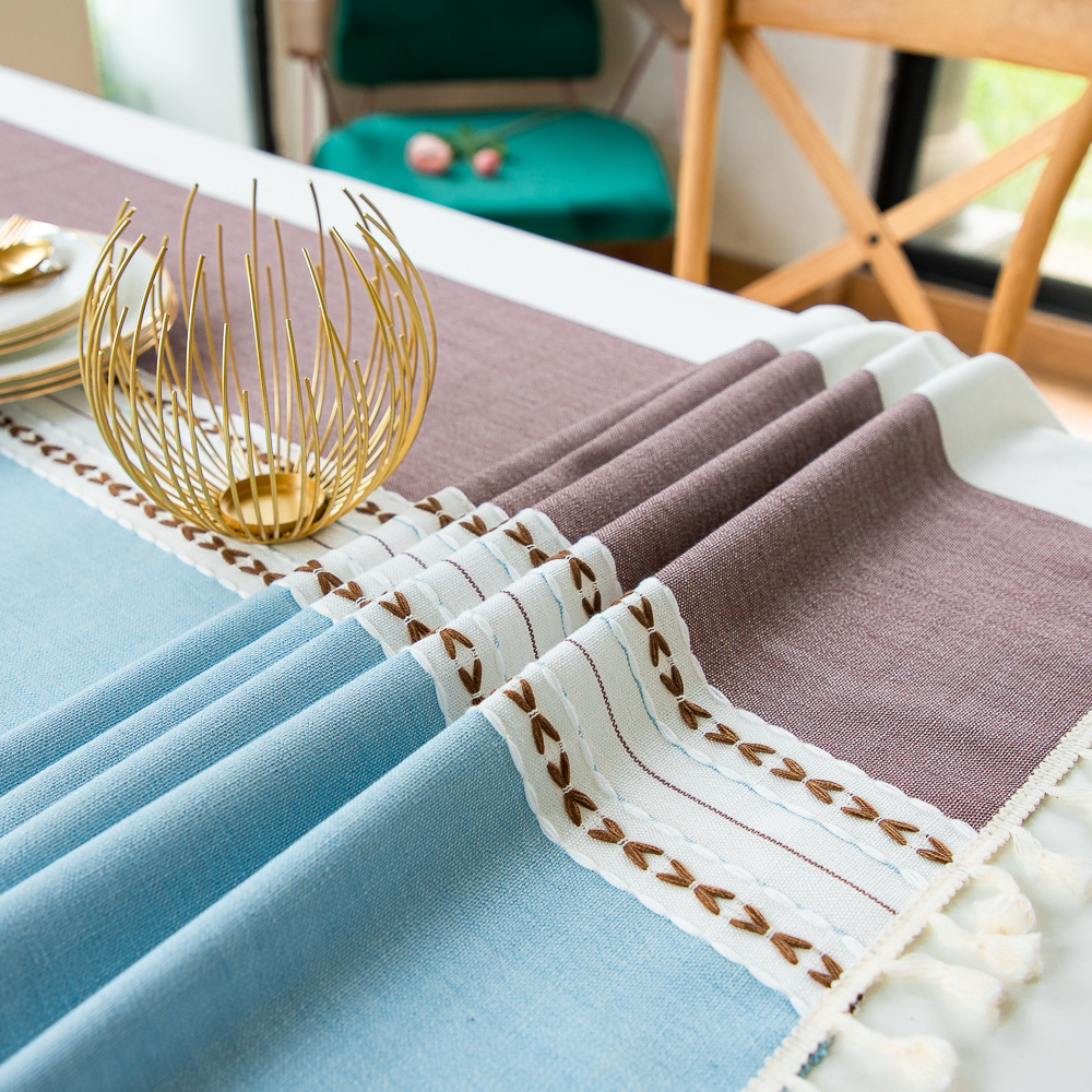 Cross-border Japanese color-blocking and color-blocking embroidered tassel tablecloths, kitchen, dining room, party, family table cover decoration, cotton and linen pic 12