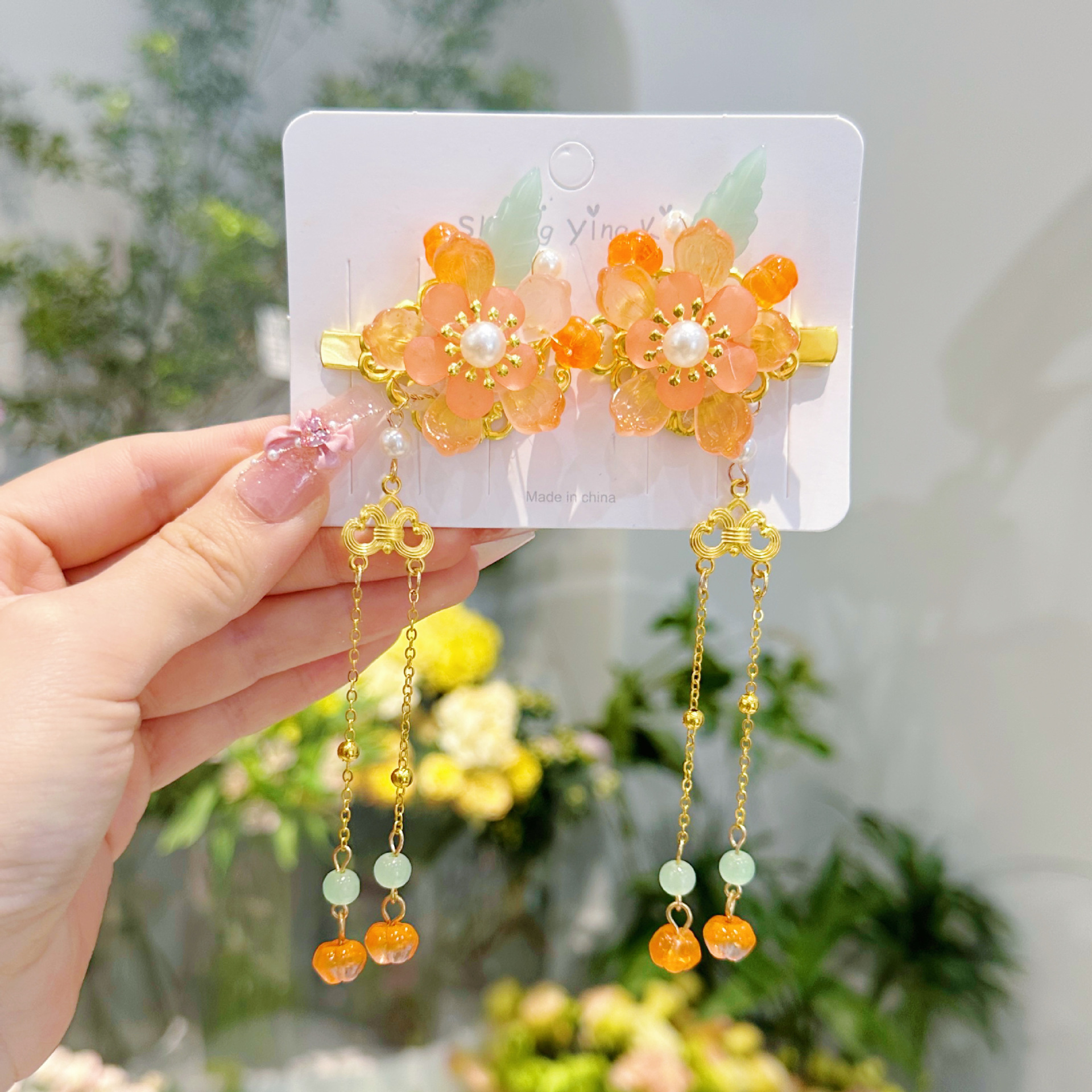 儿童发夹 国潮系列新款古风花朵蝴蝶珍珠流苏中国风琉璃对夹女孩汉服头饰详情13