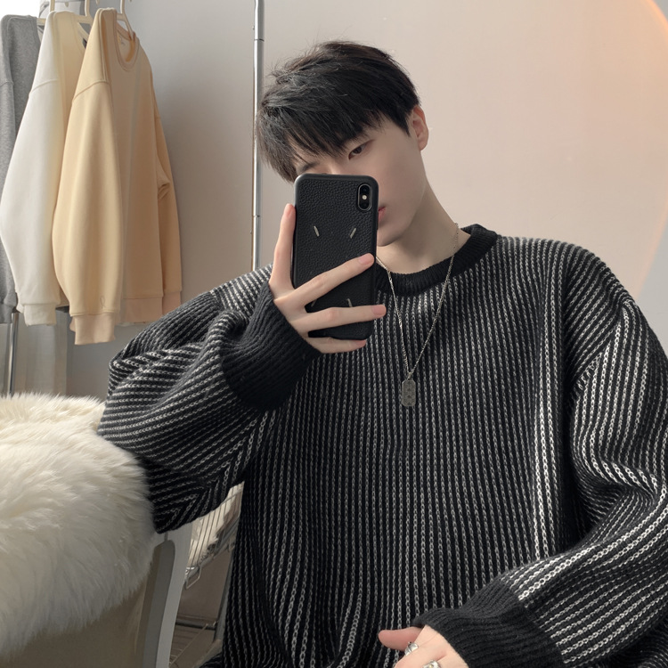 圆领条纹毛衣男款秋冬新款时尚套头针织衫日系复古宽松百搭上衣服详情17