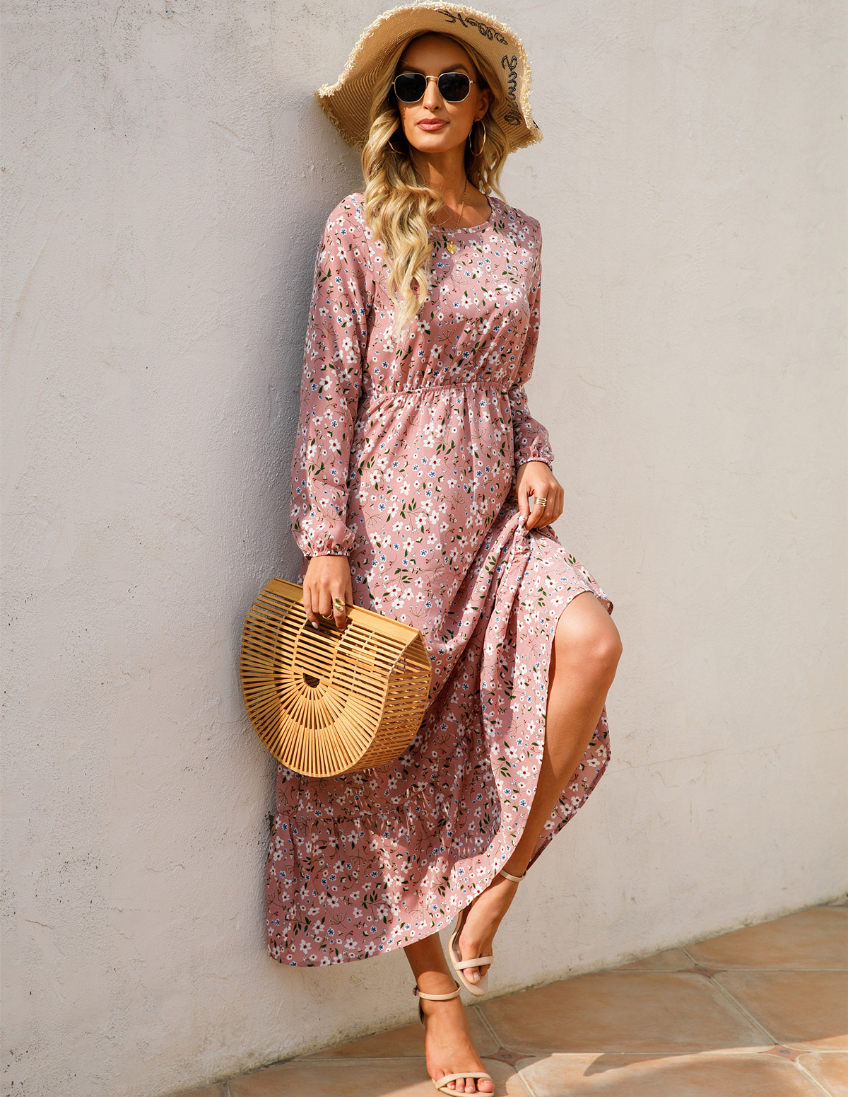 European and American floral long, round-neck, long-sleeved, waist-cinching and slimming dress pic 5