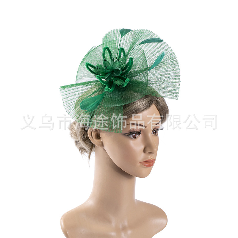 Amazon cross-border feather mesh headwear, elegant and stylish green hair accessory, European and American performance festival paty hair accessory pic 1