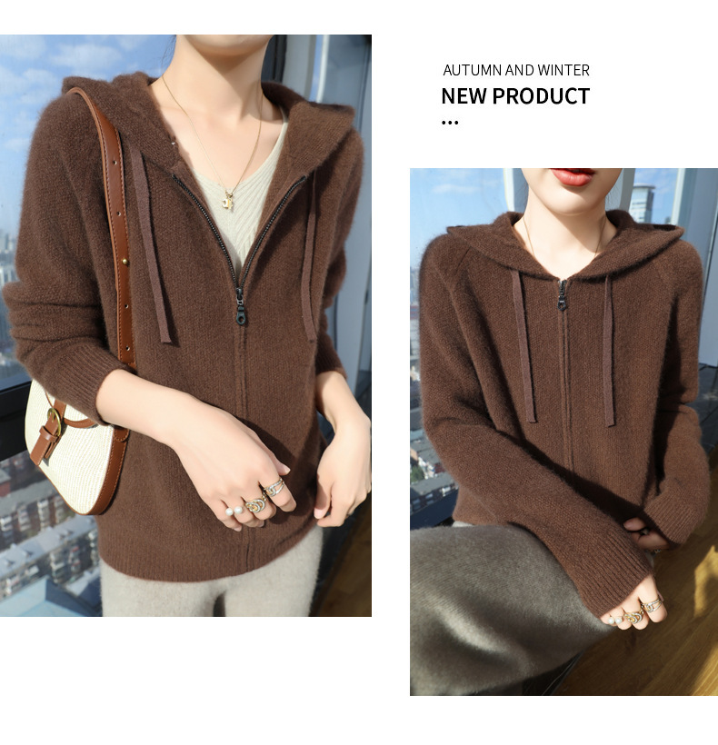 For the autumn and winter of 2024, a woolen hooded thick cardigan for women, a loose zipper knitted sweater, a youthful hoodie, can be paired with an outer jacket pic 39