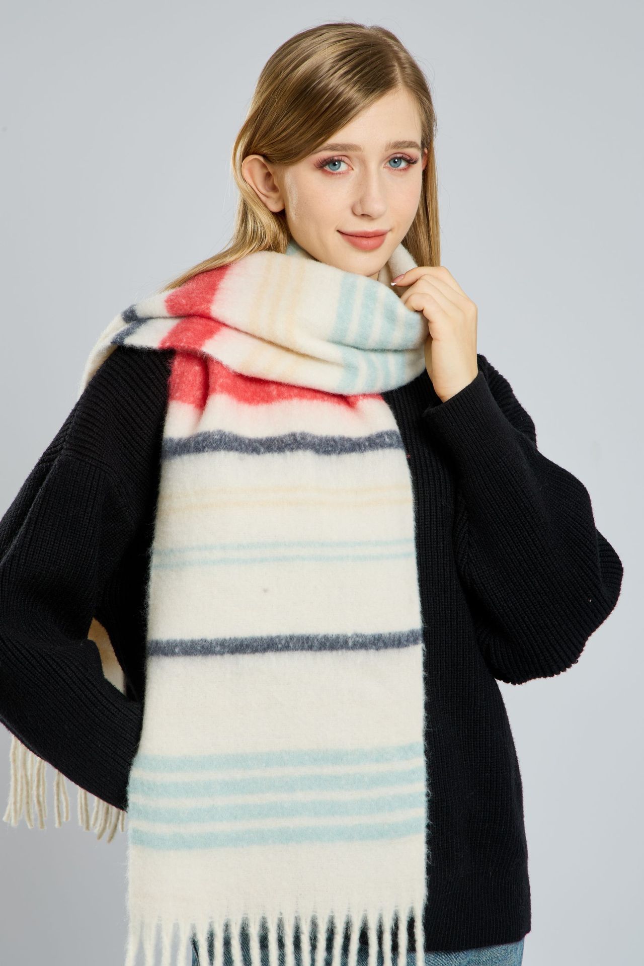 Korean-style knitted woolen scarf for women, thickened mohair for autumn and winter, warm in winter, versatile scarf, red shawl pic 10