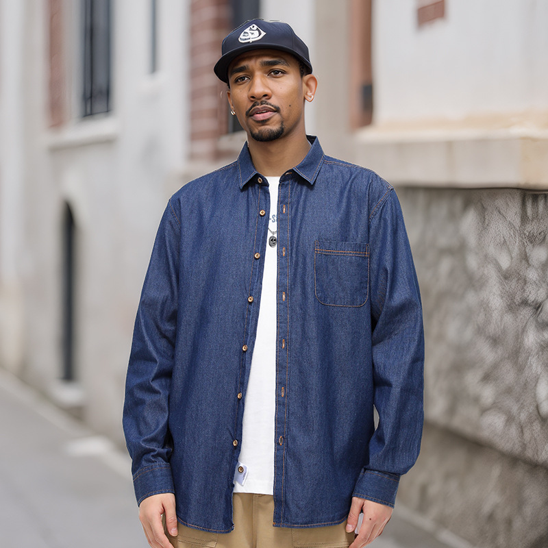 跨境美式牛仔衬衫男纯棉免烫纯色长袖男款休闲外套外贸潮流男装详情12