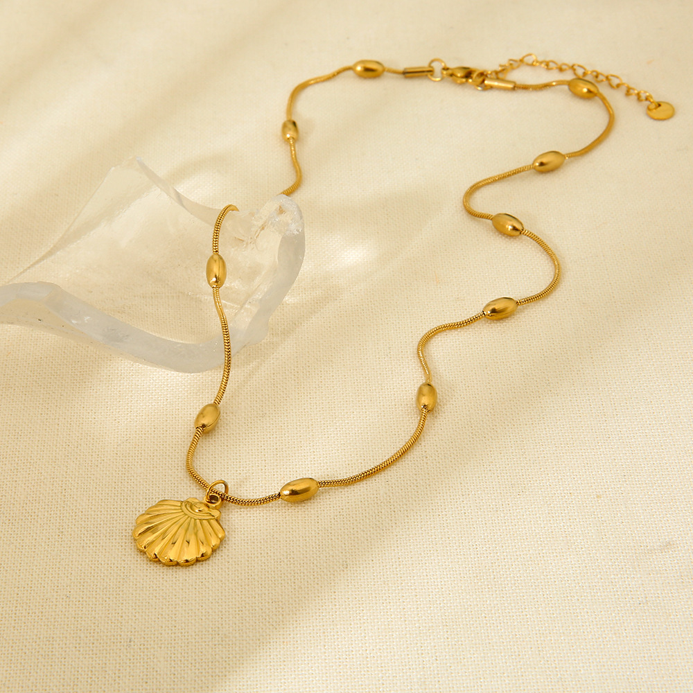 欧美跨境小众镀18K不锈钢天然绿松石吊坠迷你贝壳流苏双层脚链女详情5