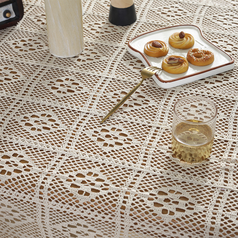 American country-style handcrafted crochet tassel tablecloth with geometric rhombus-shaped hollowed-out decorative fabric as a shooting prop pic 34