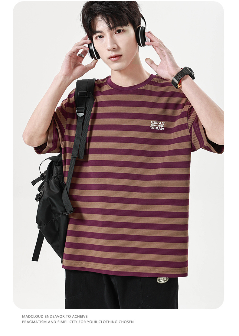 古川男装|2024夏季新款提花条纹短袖男宽松圆领套图百搭学生半袖详情7