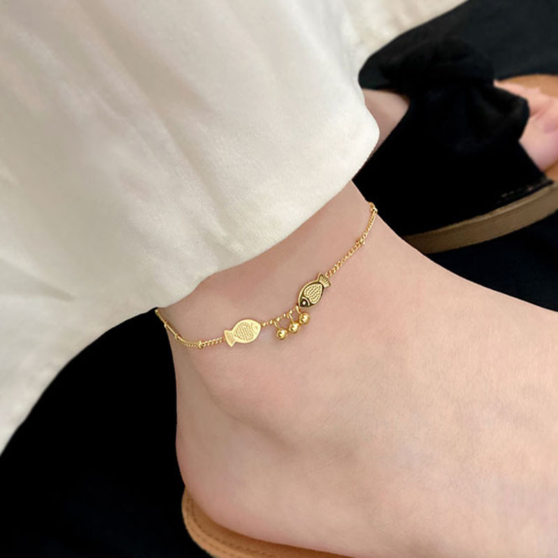 韩版钛钢字母铃铛铜钱镶钻脚链女18k玫瑰金时尚简约学生个性脚饰详情24