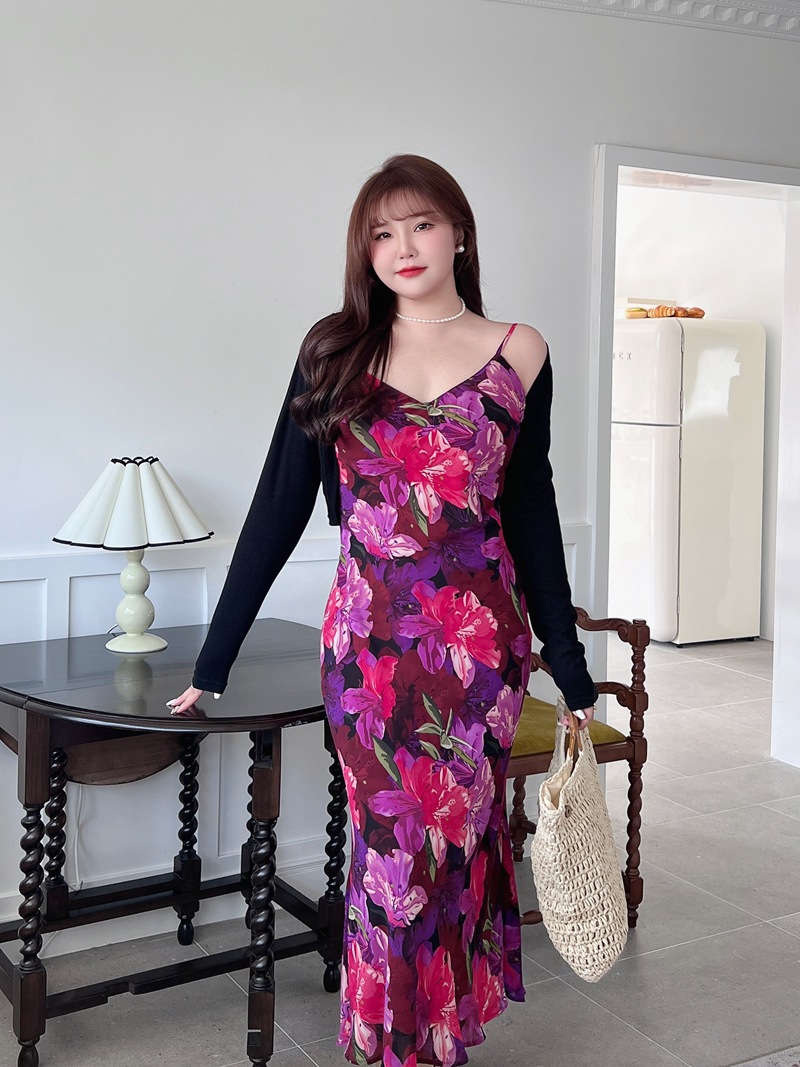 润其N8725法式收腰紫花鱼尾吊带裙批发 大码女装吊带连衣裙详情17