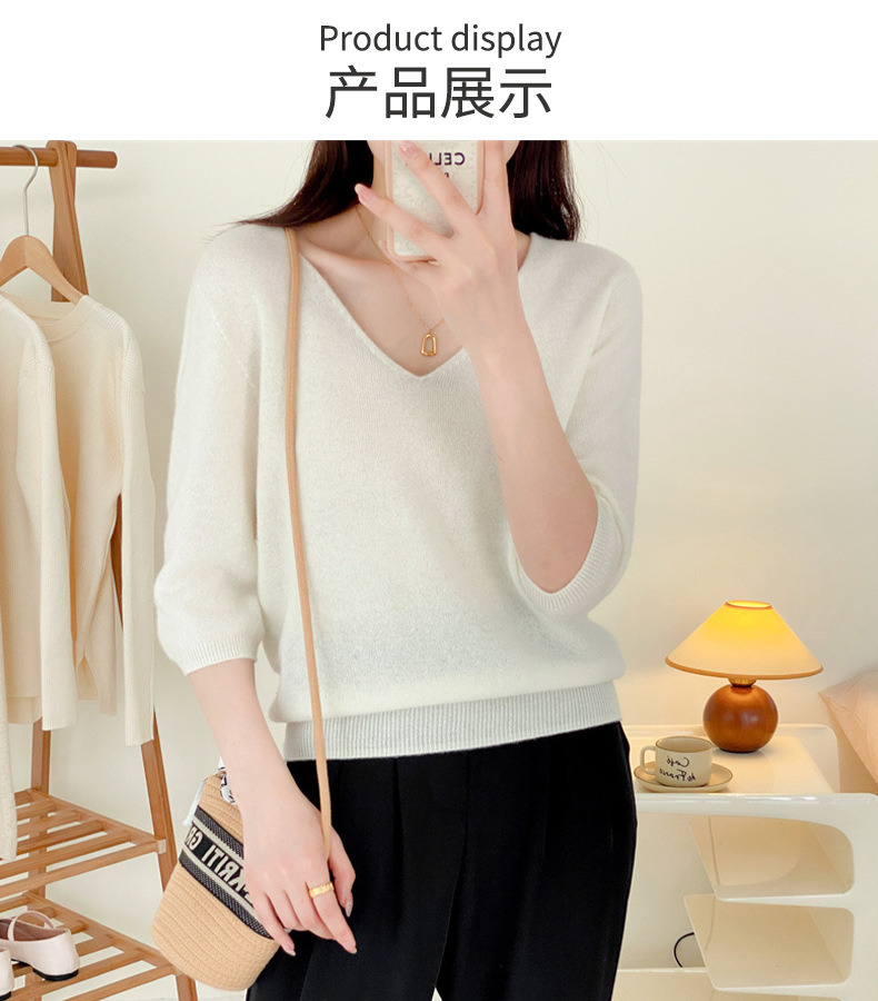V-neck full wool knitted sweater for slimming and elegant look, seven-inch sleeve pullover wool sweater, sweater top #23127 pic 8