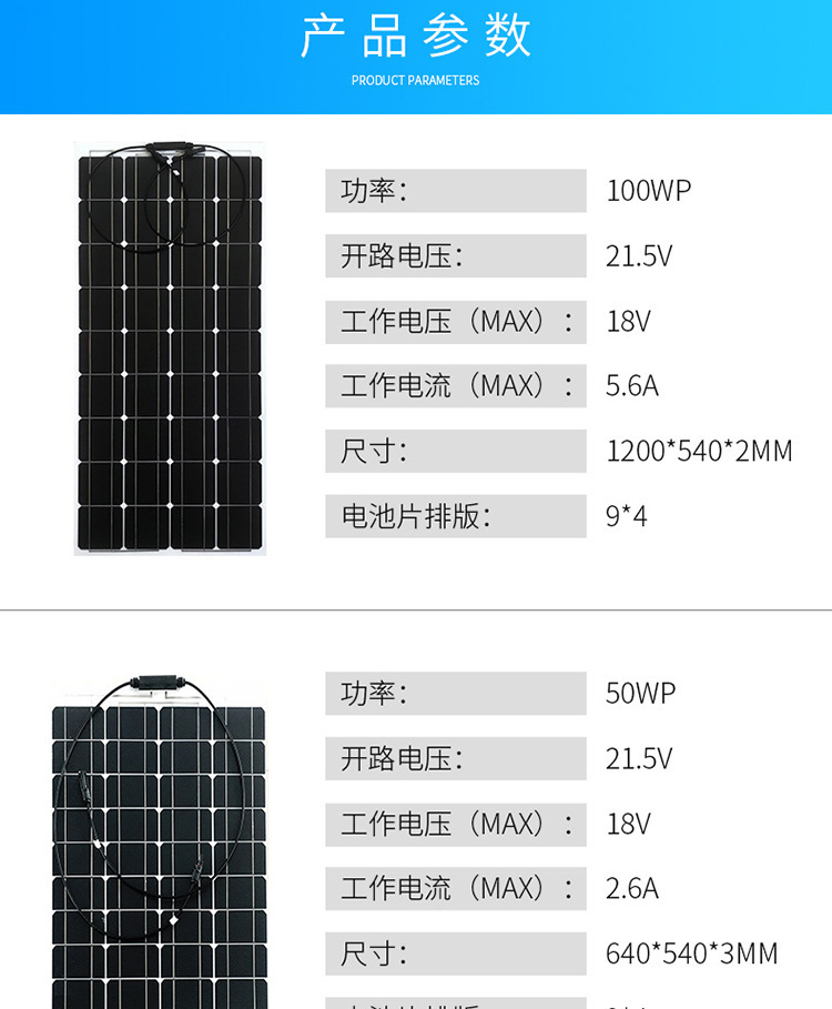 Semi-flexible monocrystalline 100W solar panel for vehicle-mounted photovoltaic power generation, camping RV, outdoor 220v power supply pic 4