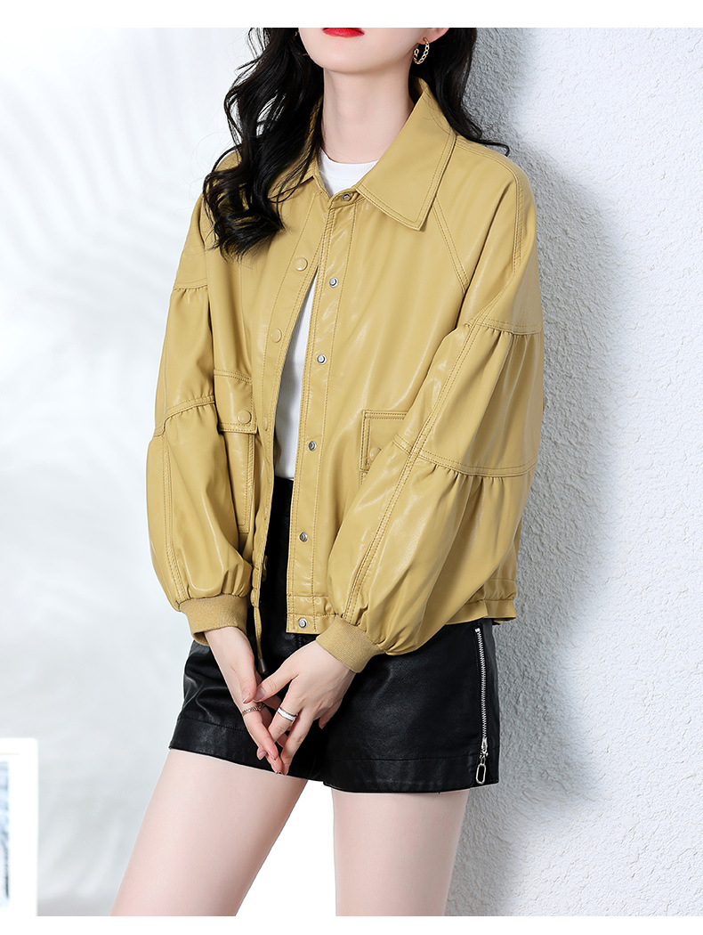 PU皮衣短款外套女纯色2022年新款复古机车小个子翻领休闲夹克详情16