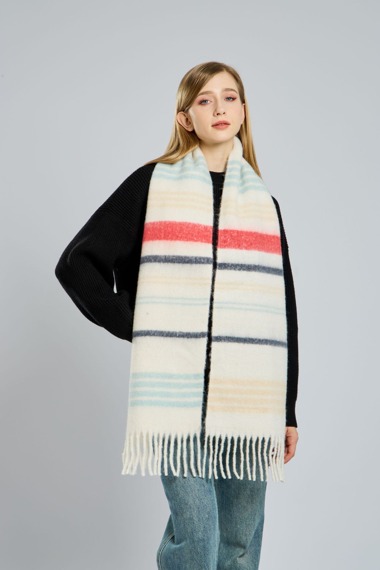 Korean-style knitted woolen scarf for women, thickened mohair for autumn and winter, warm in winter, versatile scarf, red shawl pic 6