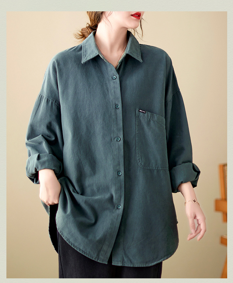 4色入纯色翻领长袖衬衫外套女宽松2024秋季新款文艺大口袋衬衣潮详情15