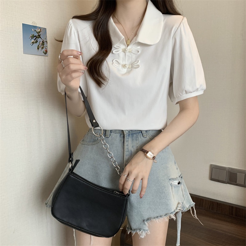 正肩Polo领短袖T恤女夏季大码胖mm显瘦新中式国风上衣泡泡袖小衫详情8