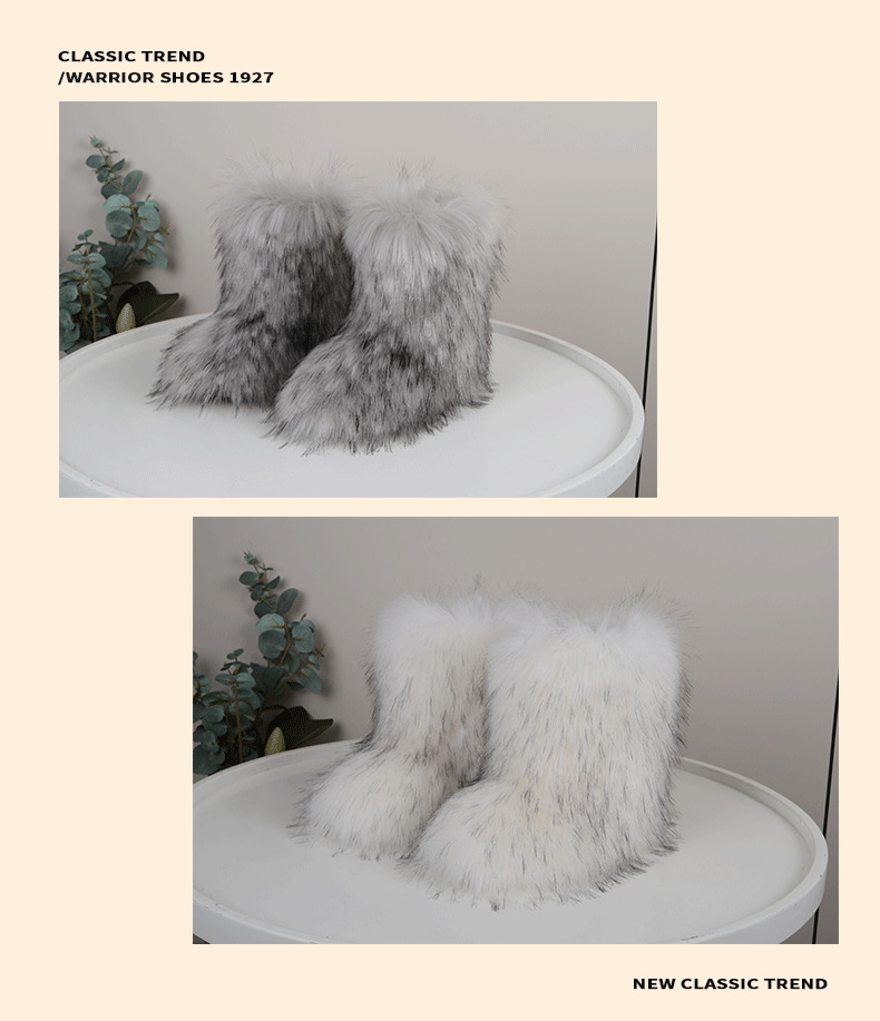 欧美平跟高帮仿貉子狐狸毛毛皮草雪地靴子冬季保暖中筒女士鞋跨境详情11