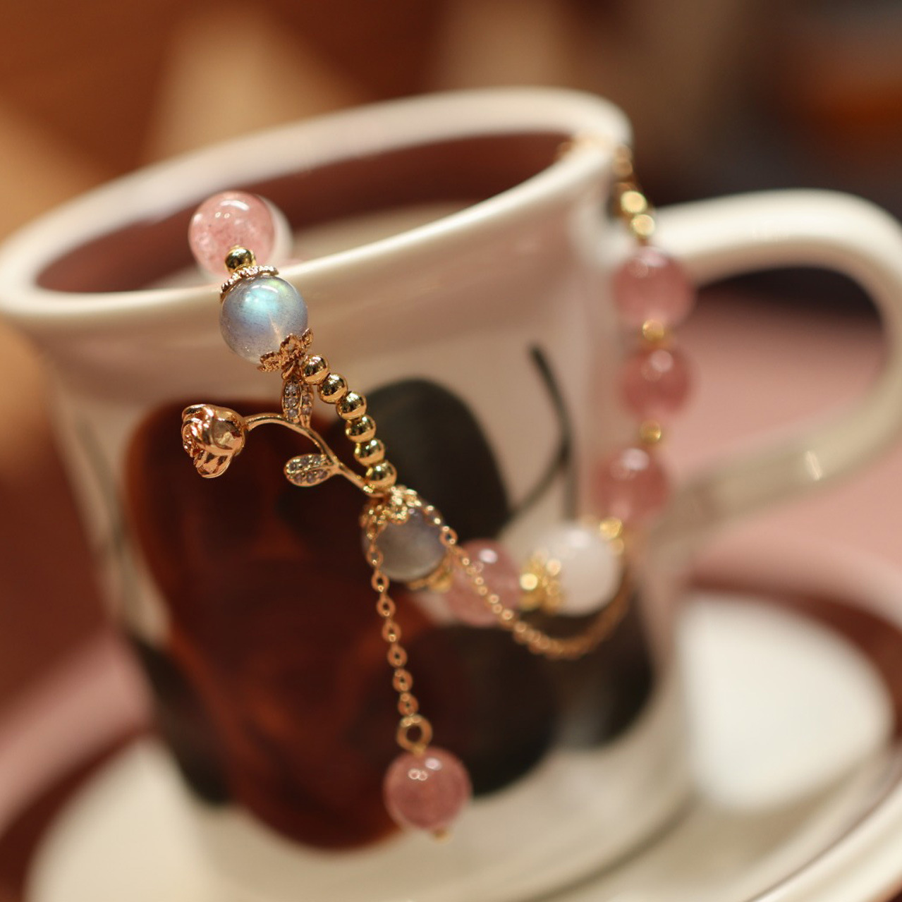 Natural strawberry crystal beaded bracelet, Little Prince and rose pendant bracelet, niche design sense jewelry pic 15