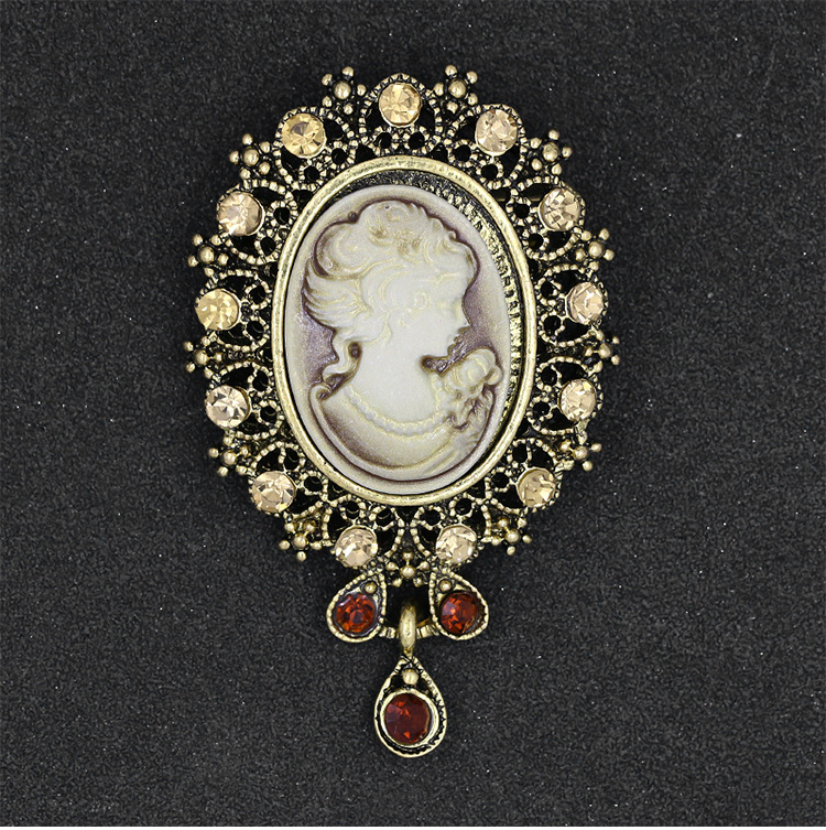 欧美时尚水钻美人头胸针 电镀合金复古胸花女 服装配饰品别针批发详情1