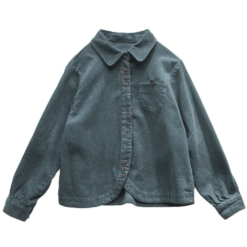 【现货】秋季衬衫文艺休闲时尚黑色长袖翻领灯芯绒女装衬衣开衫女详情5