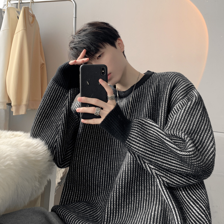 圆领条纹毛衣男款秋冬新款时尚套头针织衫日系复古宽松百搭上衣服详情14