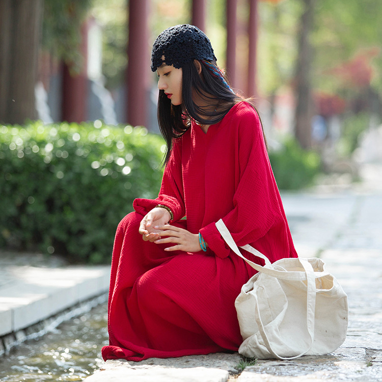 Spring and summer V-neck textured natural linen loose robe, double-layer large hem elegant long dress, retro fairy dress pic 20