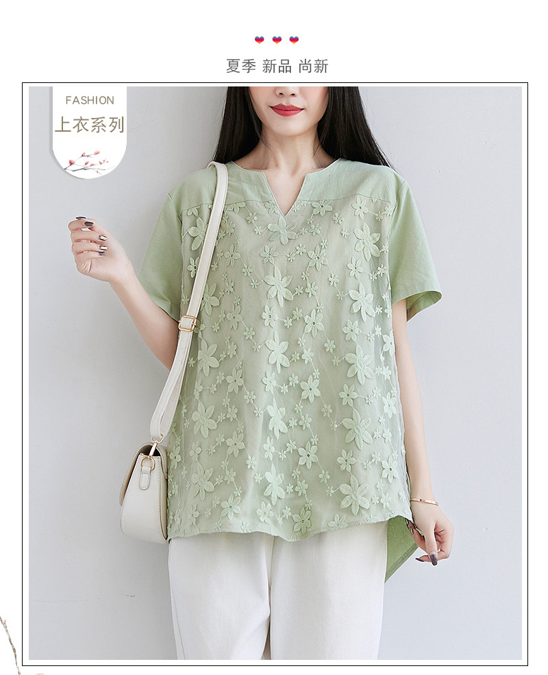 2022夏季新款速卖通欧美女装蕾丝刺绣短袖衬衫宽松女士上衣T恤详情1