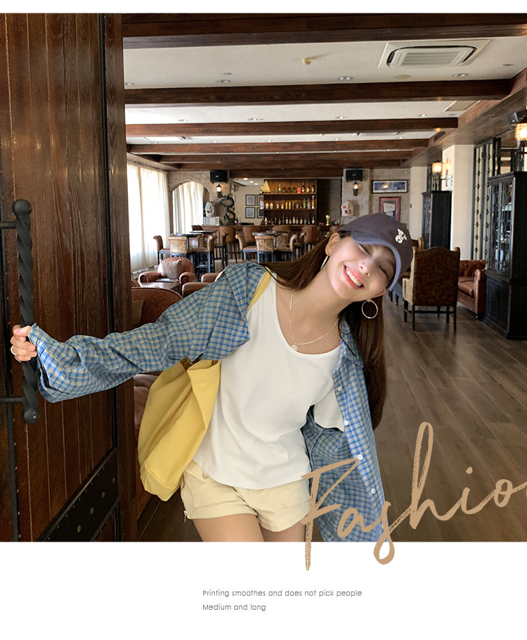 Blue checkered loose long-sleeved shirt for women, summer loose and laid-back style, polo collar sun-protective early autumn shirt jacket pic 9