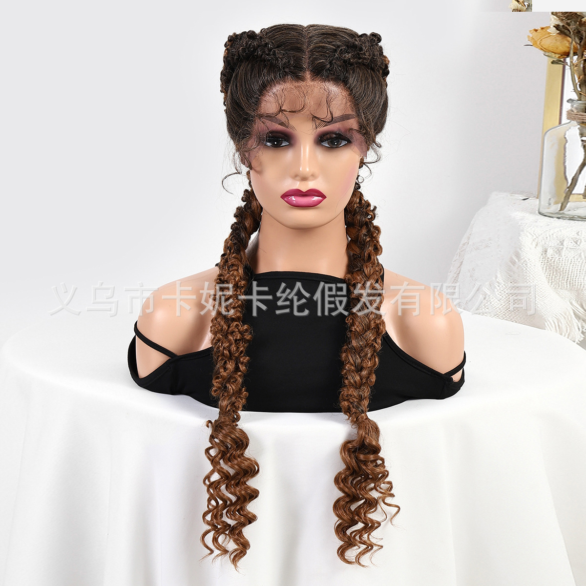 新款爆俩股俩色相间辫子款高温丝前蕾丝头套360 lace wigs vendor详情12