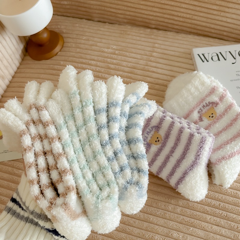 秋冬袜子女中筒睡眠袜韩版纯色珊瑚绒袜子保暖加绒休闲袜详情9