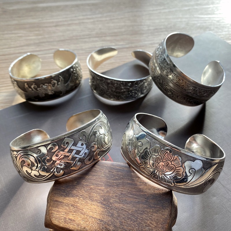 Retro ethnic style silver bracelet, European and American carved wide opening bracelet, fashionable and individual Miao silver aged ancient-style jewelry pic 4