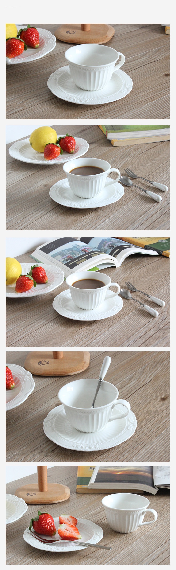 Rococo European Court Series, relief retro style white bone China coffee cups and saucers, afternoon tea Hengge Ceramic pic 4