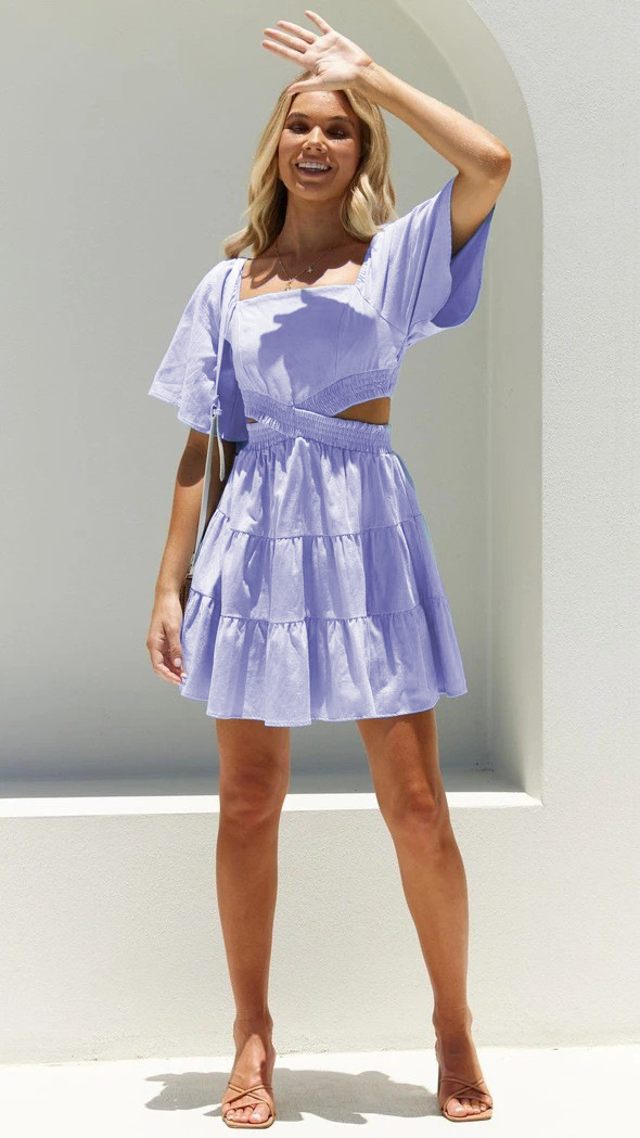 2022 European and American Cross-border Spring/Summer New solid-color rubber-waisted fresh and sweet short dress 22053 pic 16