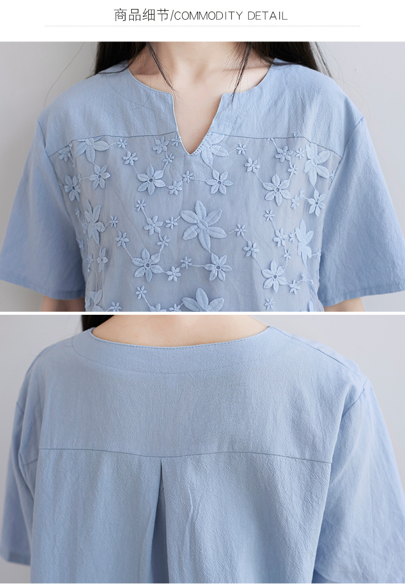 2022夏季新款速卖通欧美女装蕾丝刺绣短袖衬衫宽松女士上衣T恤详情36