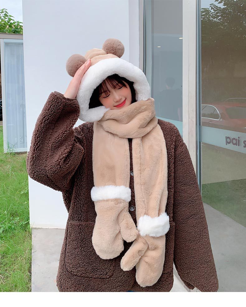 Warm hat for women, sweet and cute in autumn and winter. Winter cartoon scarf in one piece. Korean-style ear-protecting gloves in three pieces for winter pic 12