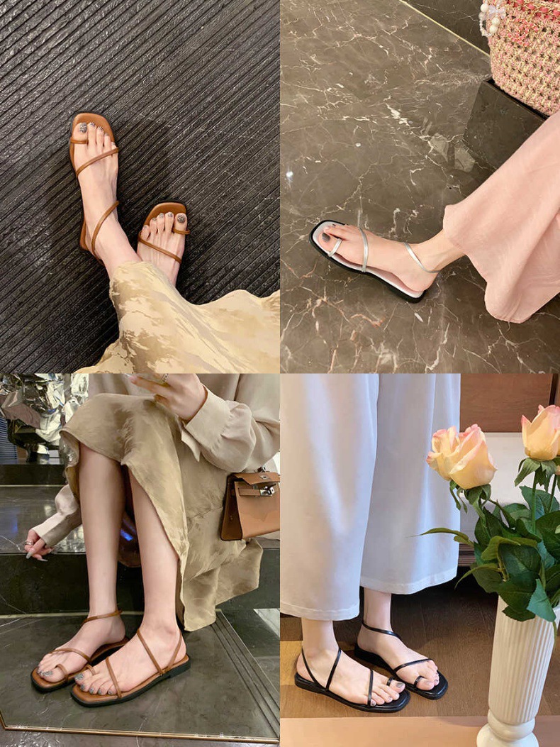 牛皮版~葡萄妈挪威夏天法式极简细带时髦套趾百搭平底凉鞋女凉拖详情6