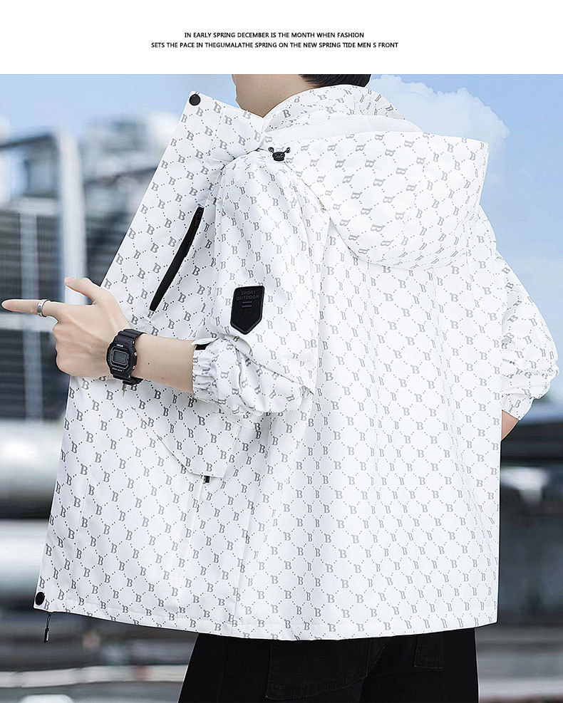 春秋季时尚潮牌印花户外休闲防风防水冲锋衣男士百搭帅气连帽夹克 pic 24