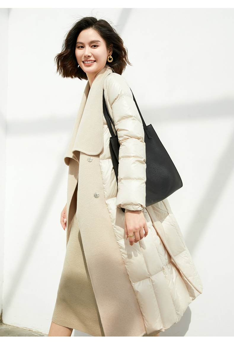 欧品荟设计感女双面呢拼接羽绒大衣外套2022冬季长款白鸭绒羽绒服详情16