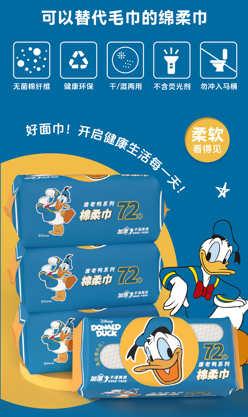 批发唐老鸭洗脸巾悬挂式家庭装72抽80抽一次性洗脸巾干湿两用简洁详情5